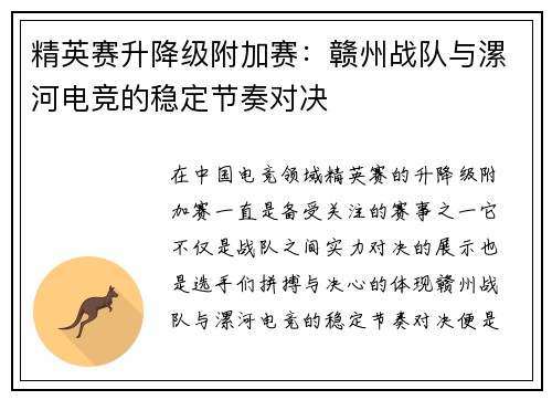 精英赛升降级附加赛：赣州战队与漯河电竞的稳定节奏对决